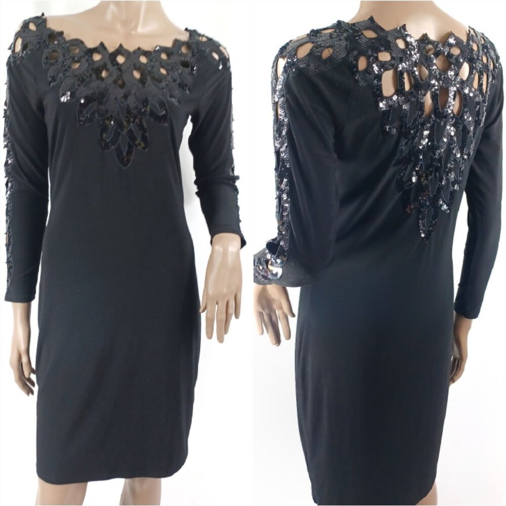 JOSEPH RIBKOFF Dress LS Party Sequin Cut Work Stretch Sheath 8